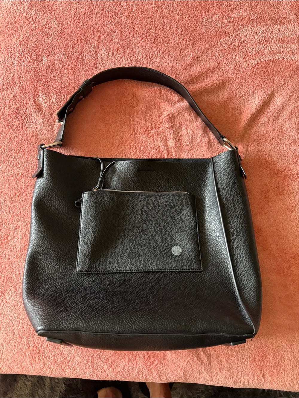AllSaints Black Pebbled Leather Shoulder Bag with Front Zip Pocket